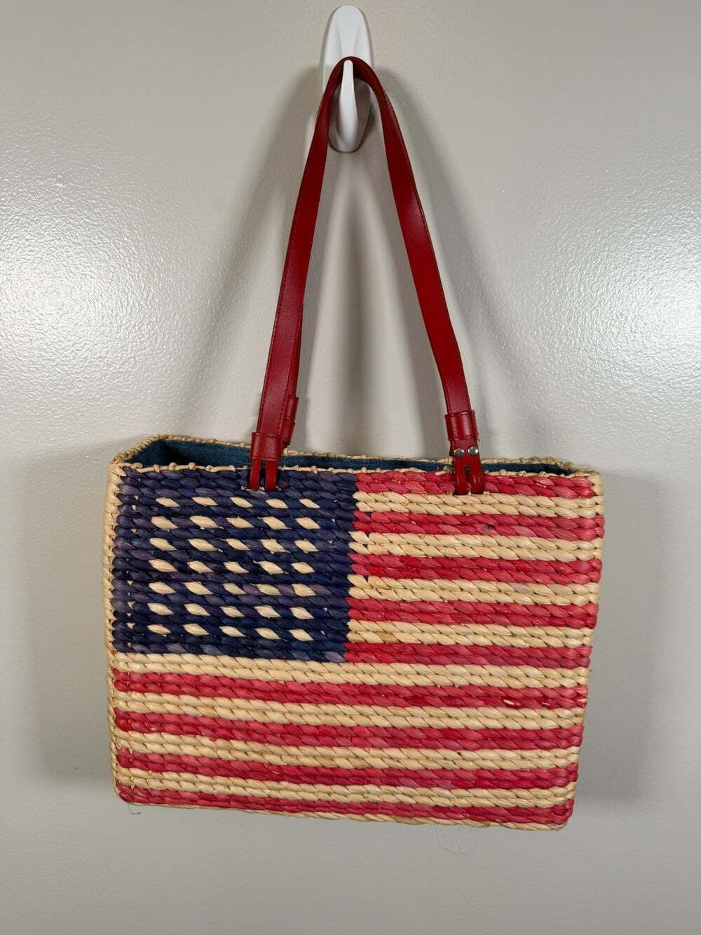 American Flag Straw Wicker Tote Bag Red Leather Straps Patriotic Summer Purse